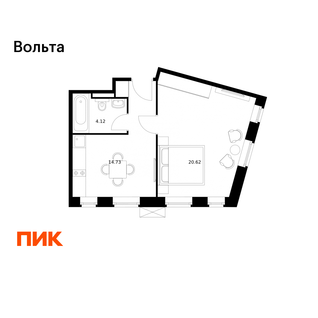 1-комнатная 38 м2 в ЖК Вольта корпус null этаж 9
