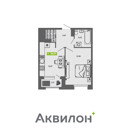 1-комнатная 34 м2 в ЖК Аквилон CITY Towers корпус null этаж 15