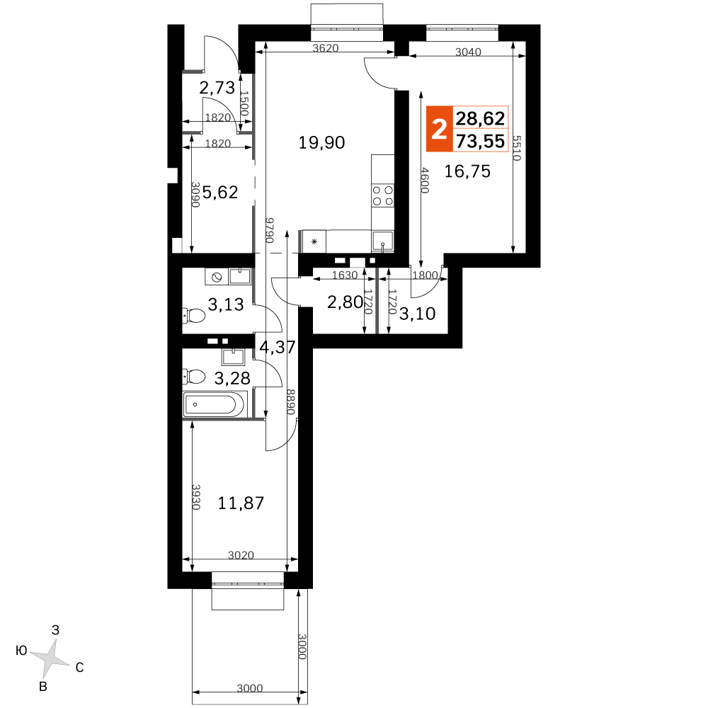 2-комнатная 73 м2 в ЖК Жаворонки Клаб корпус null этаж 1