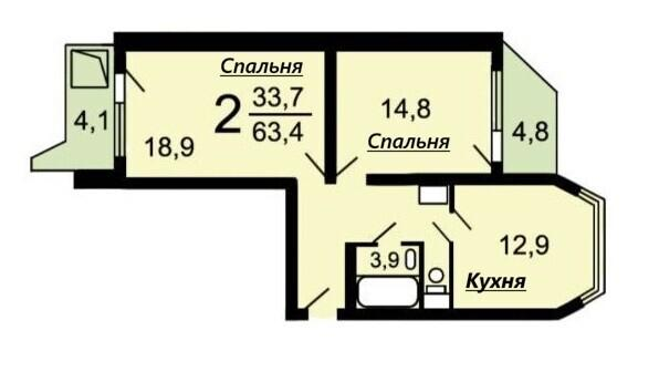 2-комнатная 63.4 м2 в ЖК undefined корпус null этаж 3