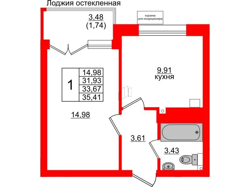 1-комнатная 33 м2 в ЖК Lake City-11 корпус null этаж 2
