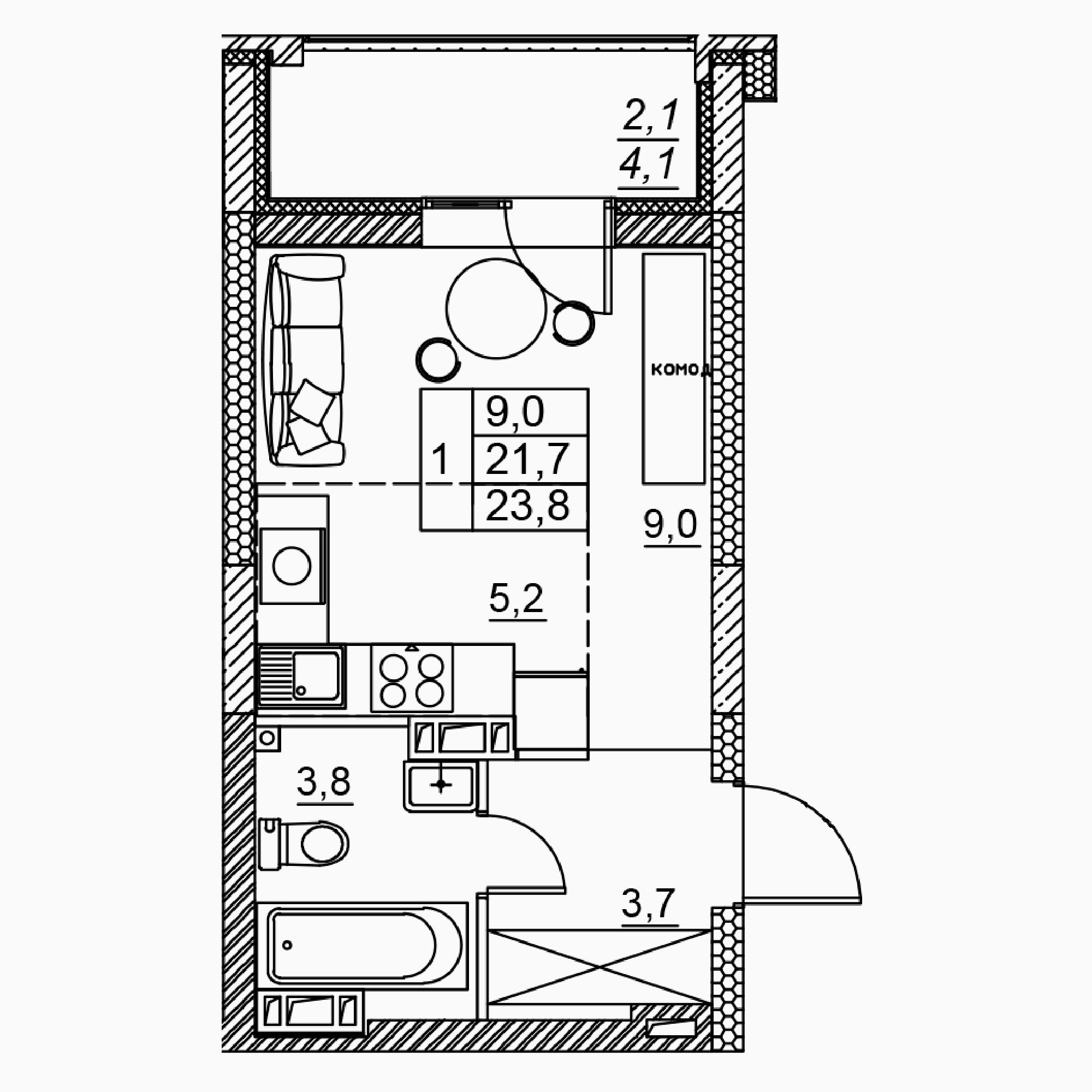 1-комнатная 23 м2 в ЖК Засекин корпус null этаж 11