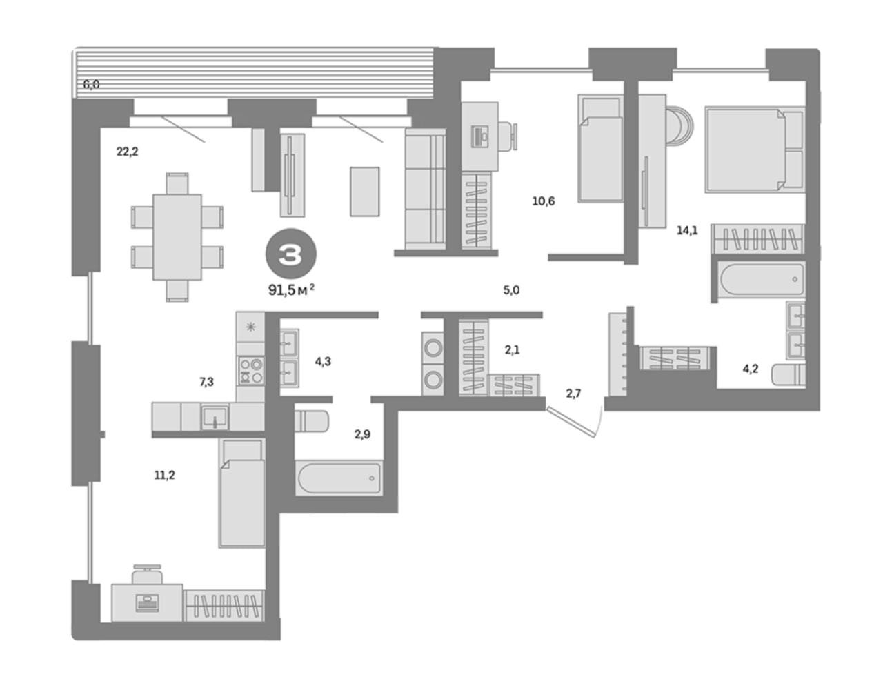 3-комнатная 91.5 м2 в ЖК undefined корпус null этаж 4