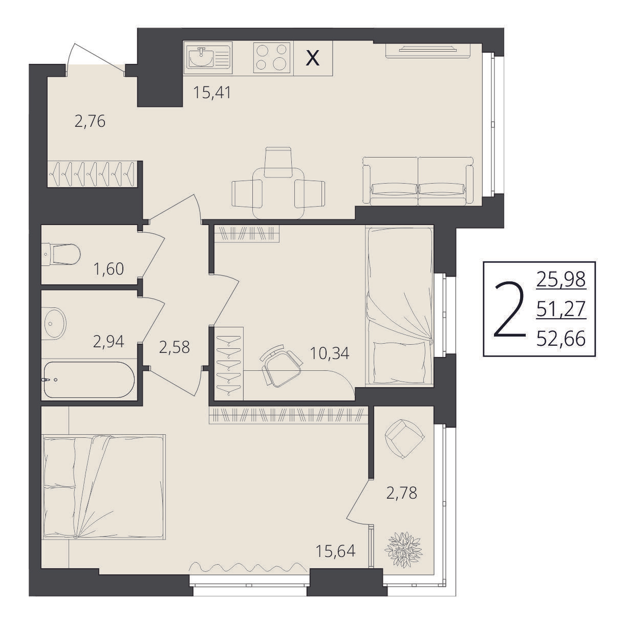 2-комнатная 53 м2 в ЖК Берег Волги корпус null этаж 4