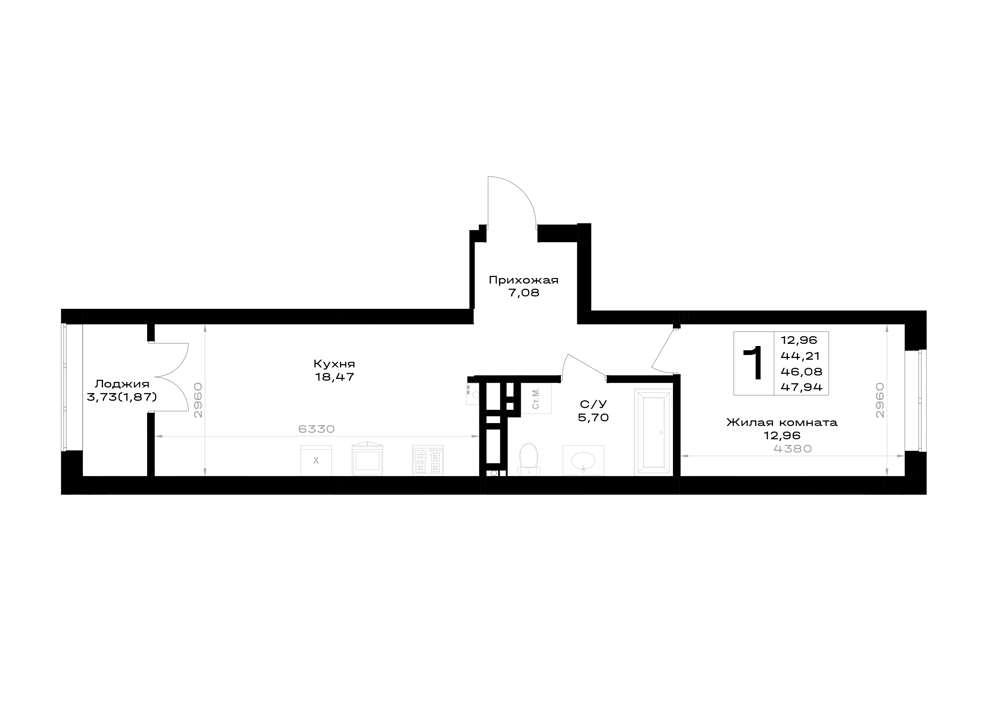1-комнатная 46 м2 в ЖК Включи корпус null этаж 6