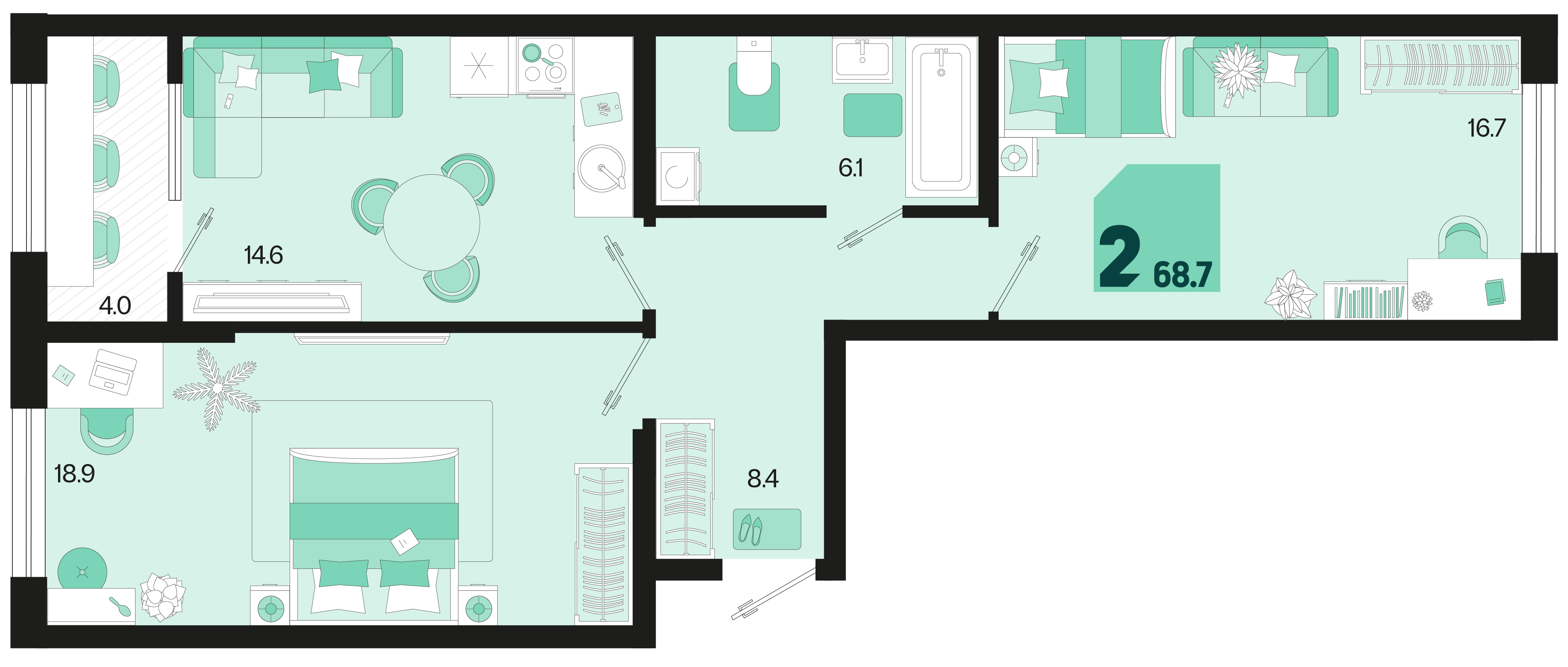 2-комнатная 68 м2 в ЖК Первое место корпус null этаж 2