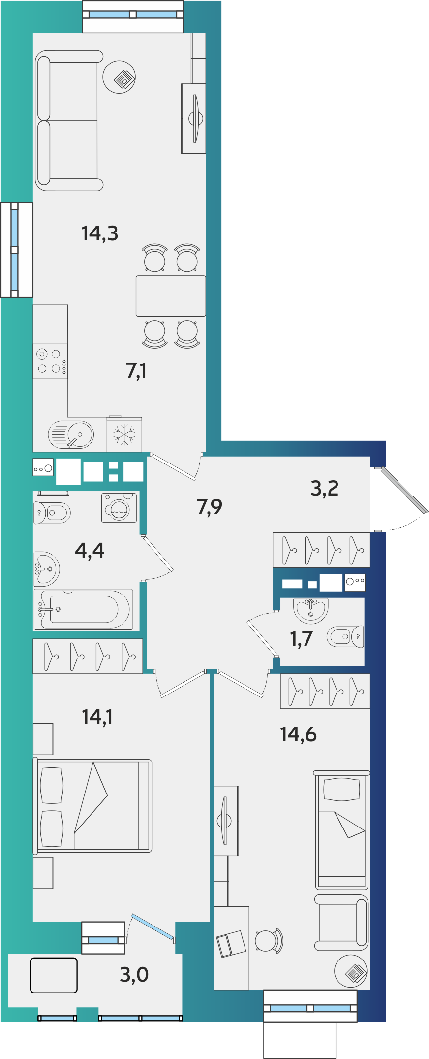 3-комнатная 68 м2 в ЖК BershaCity корпус null этаж 11