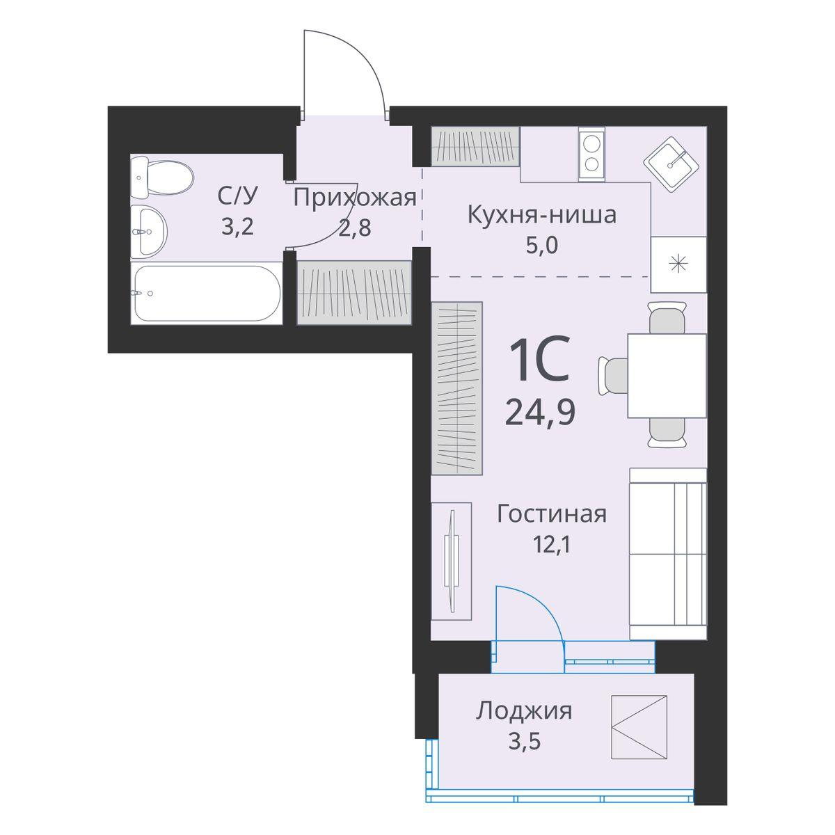 Студия 24 м2 в ЖК Виноград корпус null этаж 14