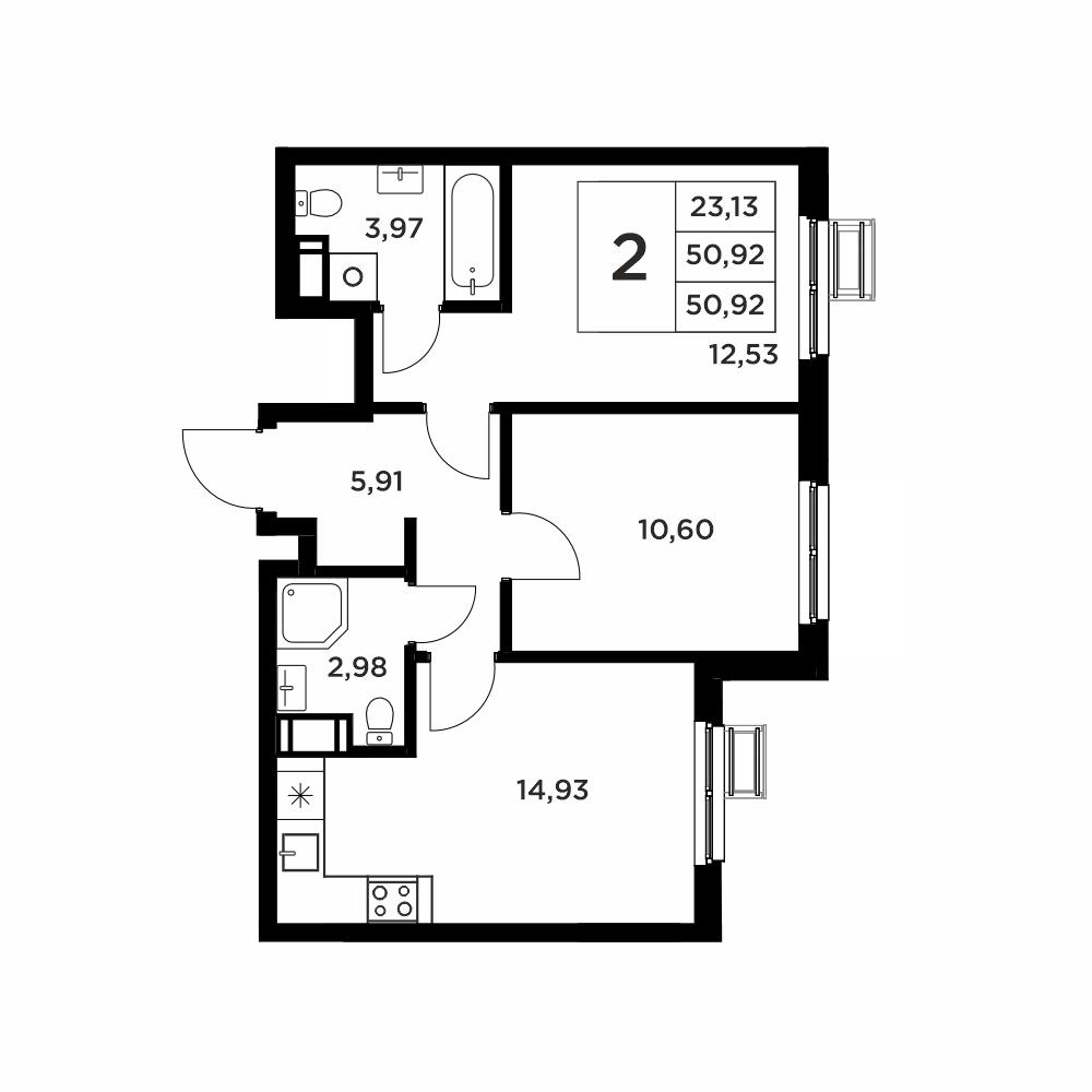 2-комнатная 50 м2 в ЖК Соседи корпус null этаж 3