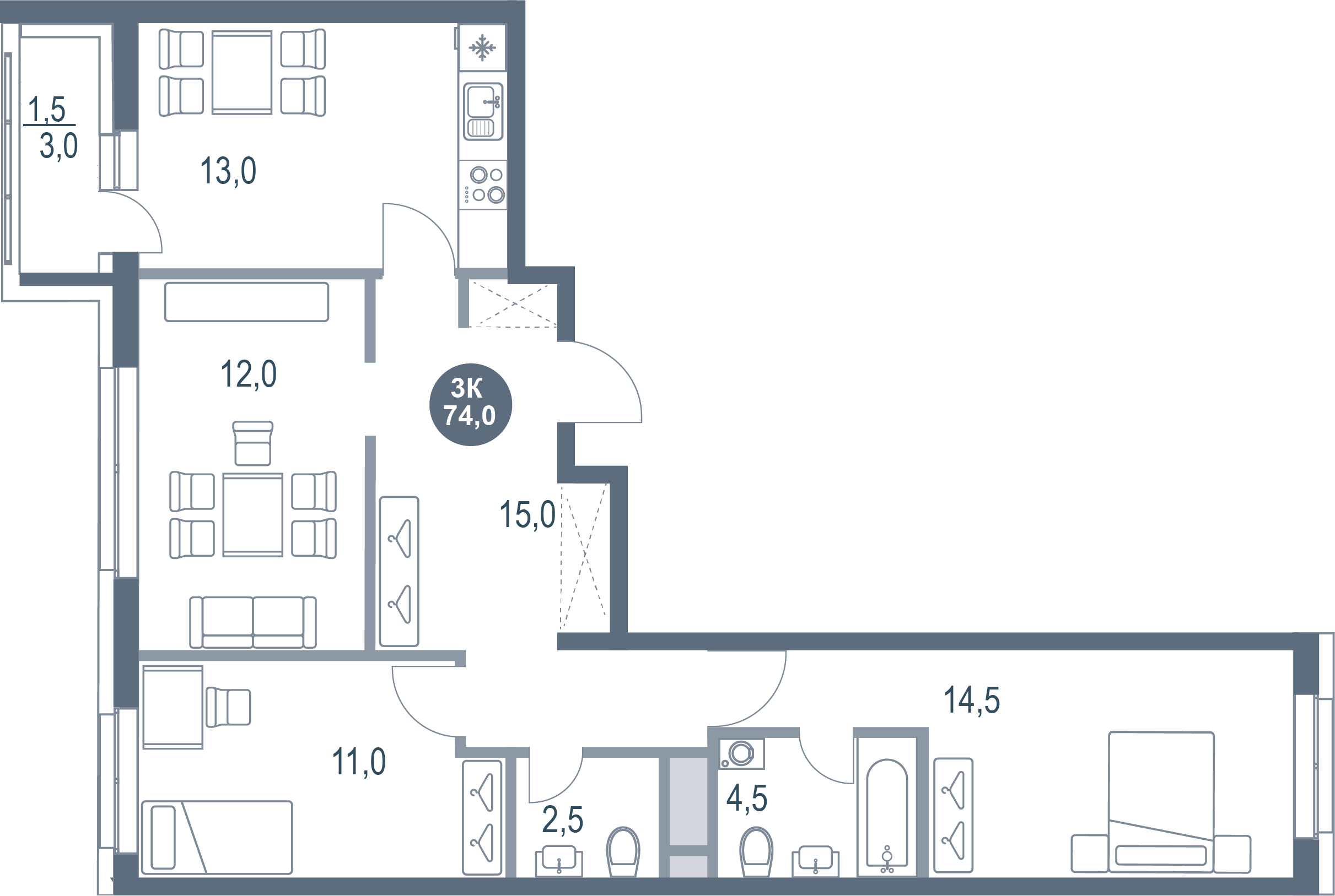 3-комнатная 74 м2 в ЖК Русич Котельники Парк корпус null этаж 13