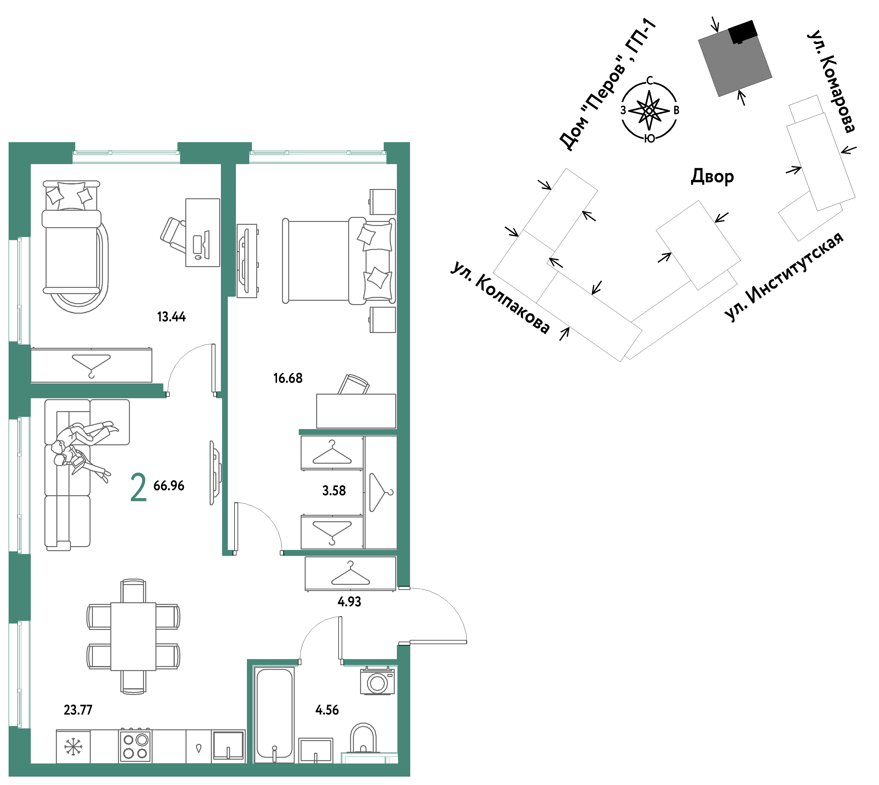 2-комнатная 66 м2 в ЖК Страна.Парковая корпус null этаж 12