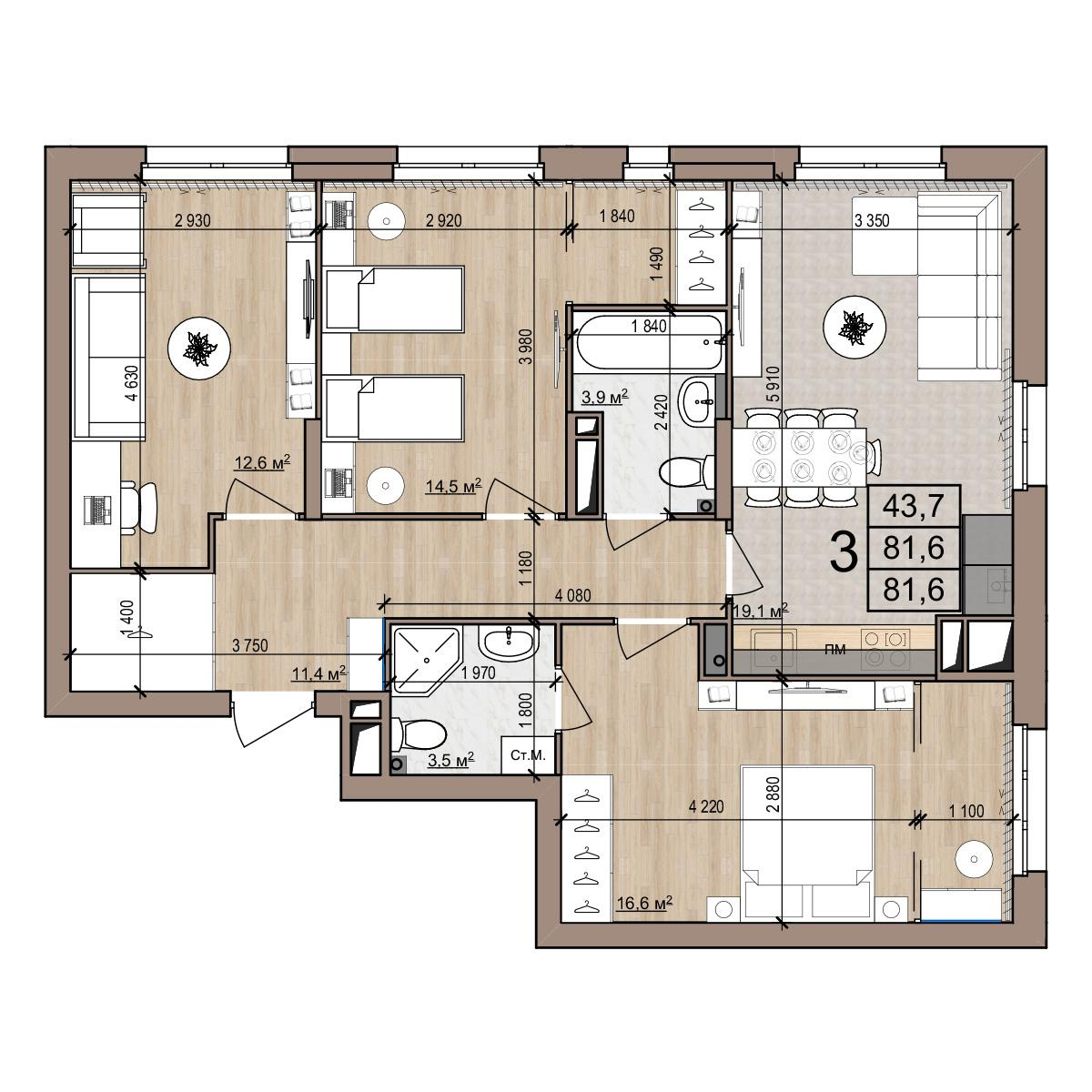 3-комнатная 81 м2 в ЖК Полярная звезда корпус null этаж 8
