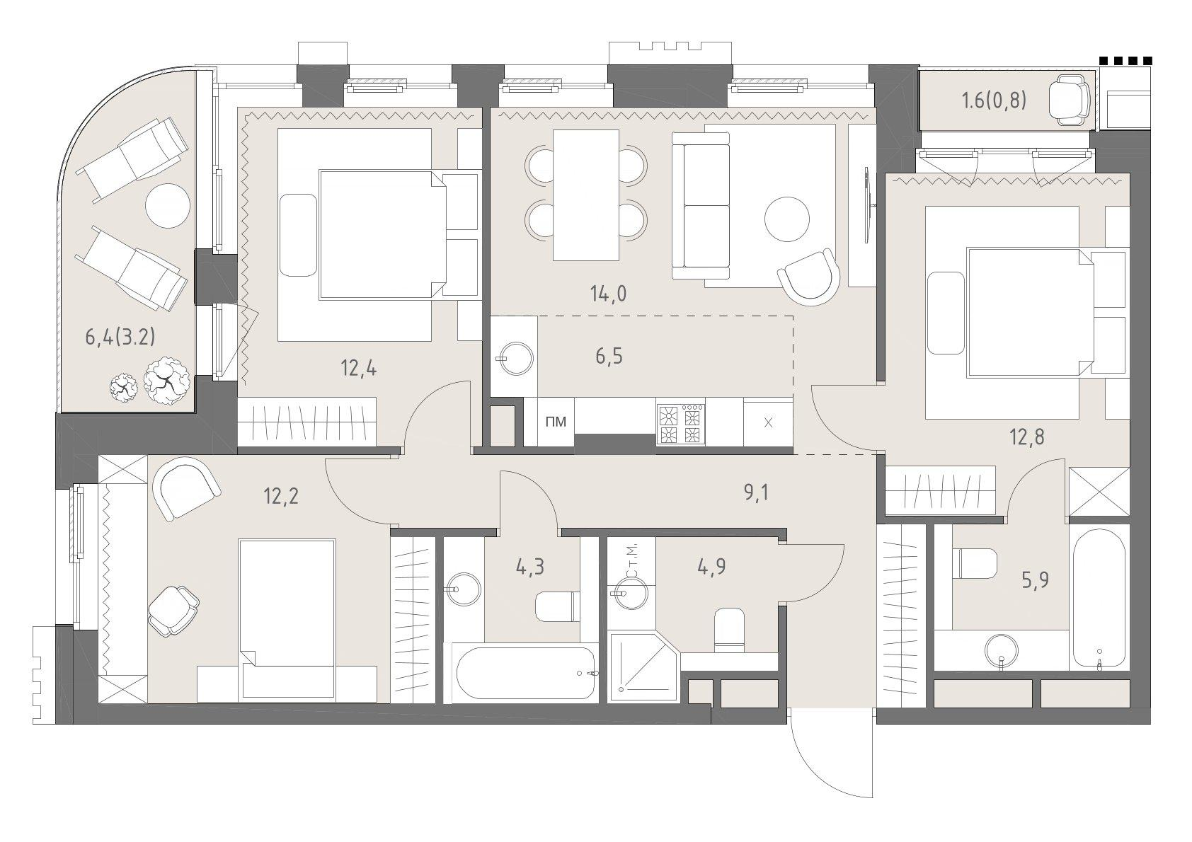 4-комнатная 86 м2 в ЖК Родина парк корпус null этаж 10