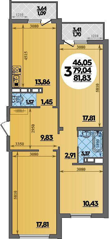 3-комнатная 81 м2 в ЖК Платовский корпус null этаж 7