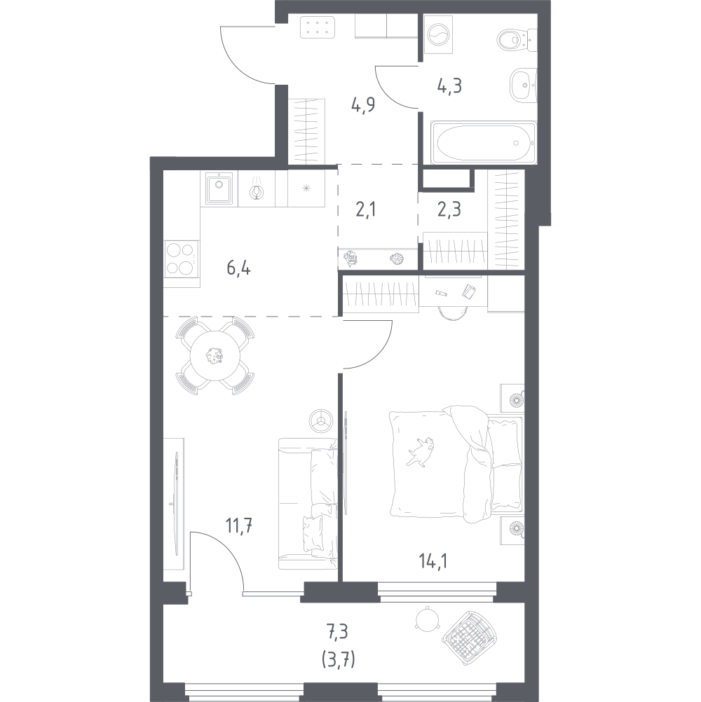 1-комнатная 49 м2 в ЖК Квартал Ауруум корпус null этаж 4