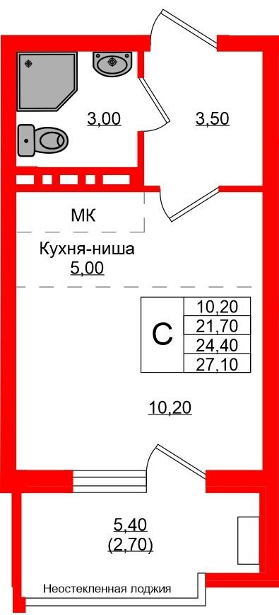 Студия 24 м2 в ЖК Кроны и Волны корпус null этаж 4