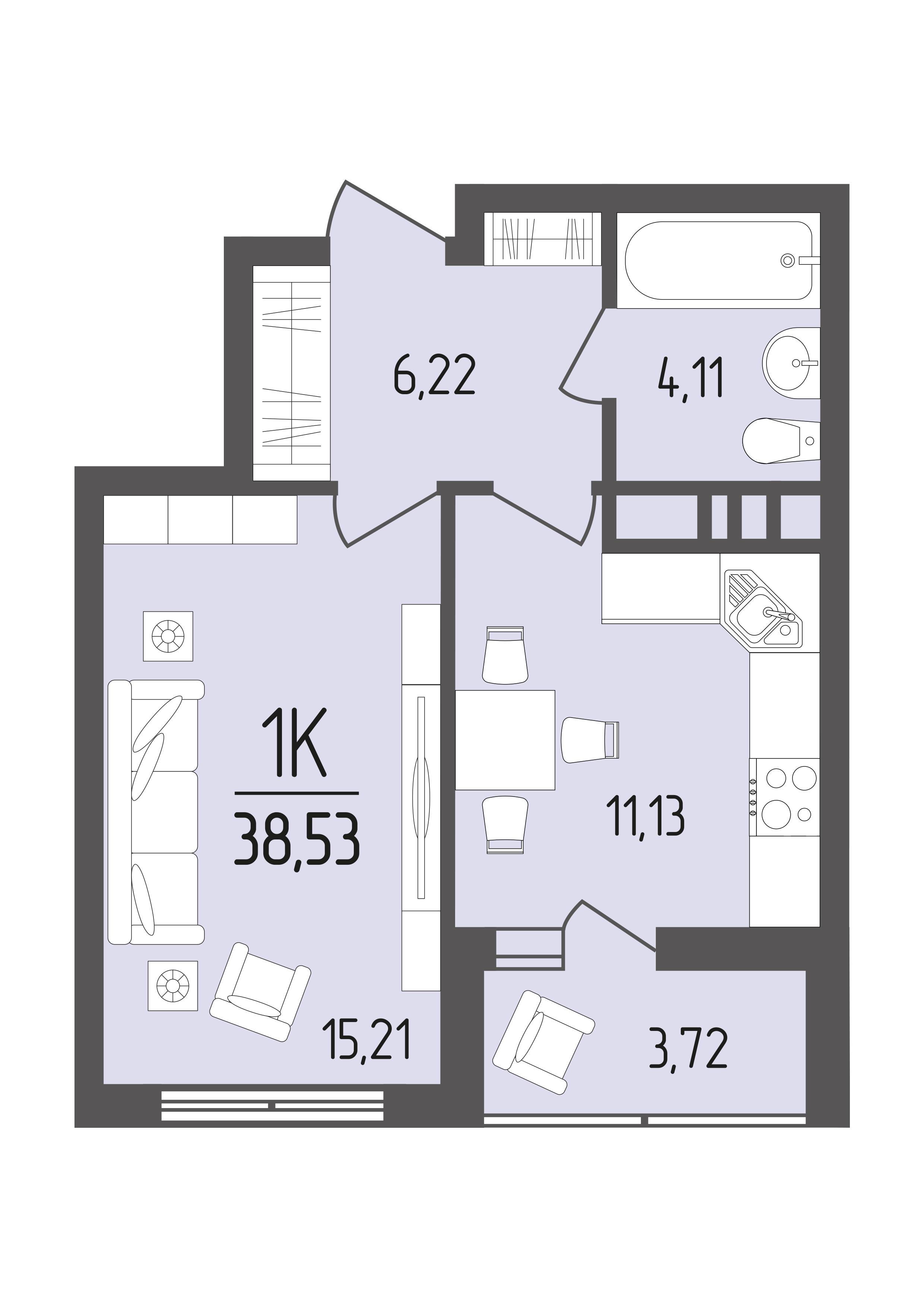 1-комнатная 38 м2 в ЖК Кумир корпус null этаж 7