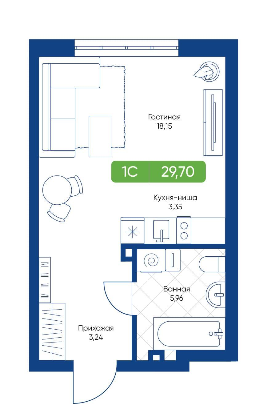1-комнатная 29 м2 в ЖК Биография корпус null этаж 4