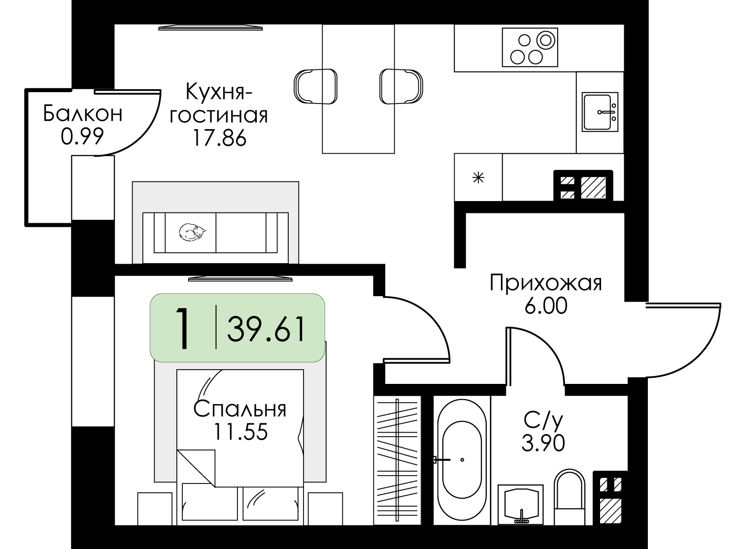 1-комнатная 39 м2 в ЖК Урбан Парк корпус null этаж 4