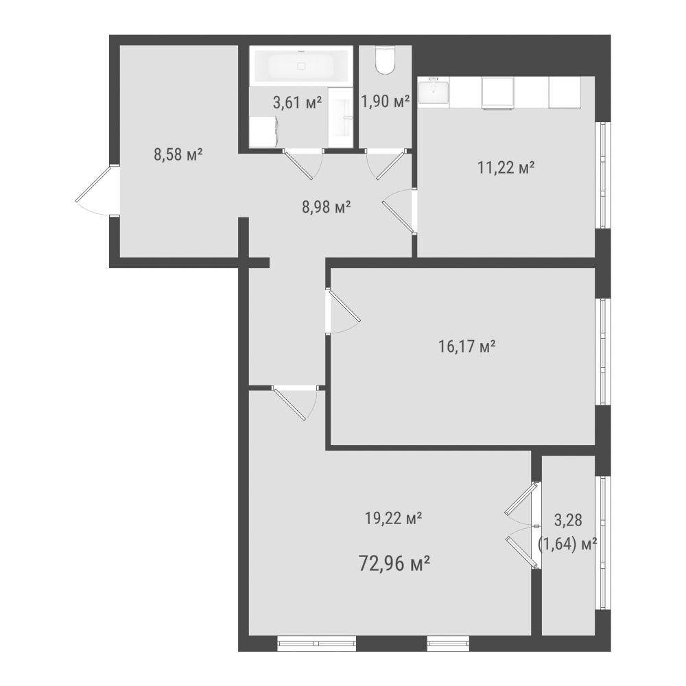 2-комнатная 71 м2 в ЖК Зеленая планета на Мира корпус null этаж 2