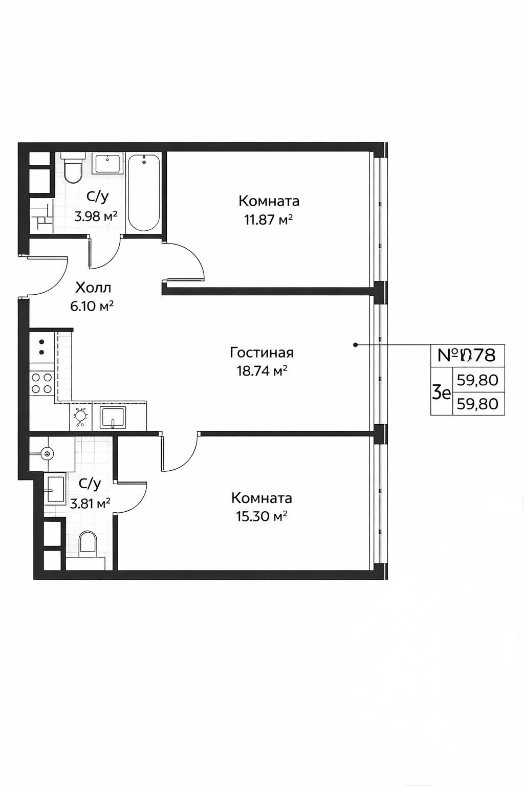 3-комнатная 59.8 м2 в ЖК undefined корпус null этаж 20