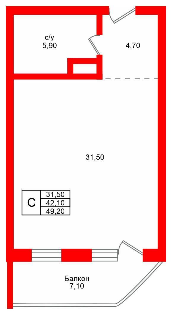 Студия 49 м2 в ЖК Русь-2 корпус null этаж 3