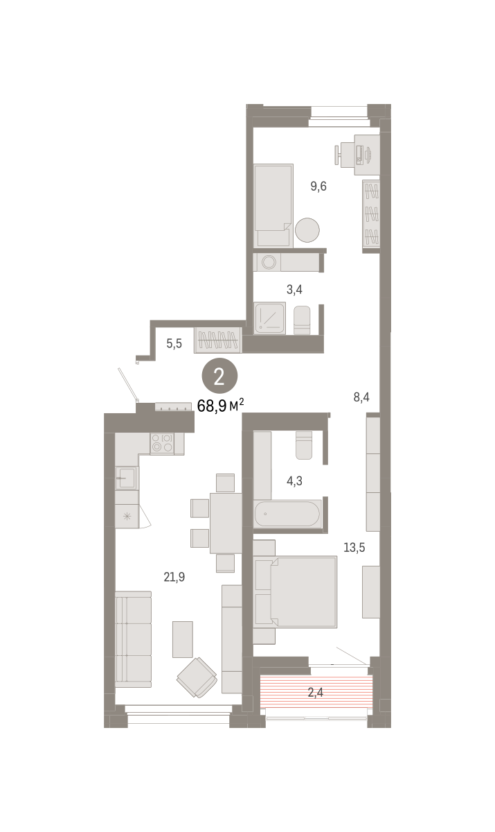 2-комнатная 68 м2 в ЖК Квартал Нефть корпус null этаж 8