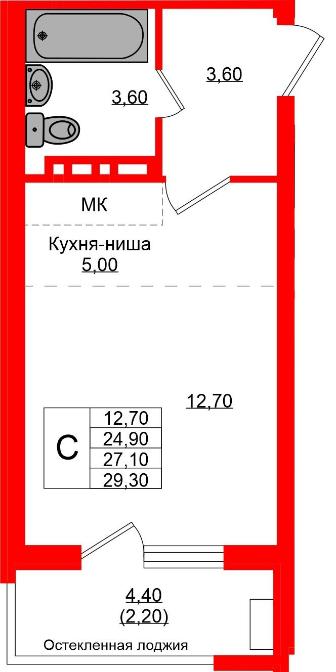 Студия 27 м2 в ЖК Кроны и Волны корпус null этаж 3