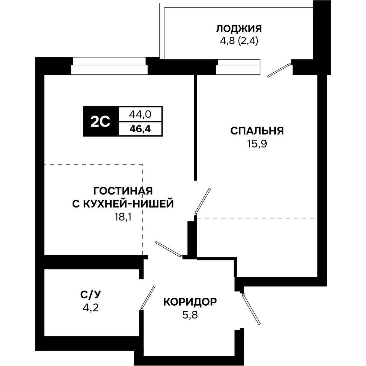 2-комнатная 46 м2 в ЖК Микрорайон Никольский корпус null этаж 17