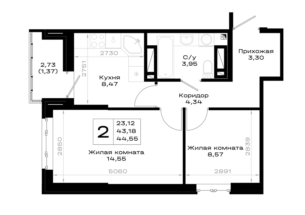 2-комнатная 44 м2 в ЖК Октябрь парк корпус null этаж 8