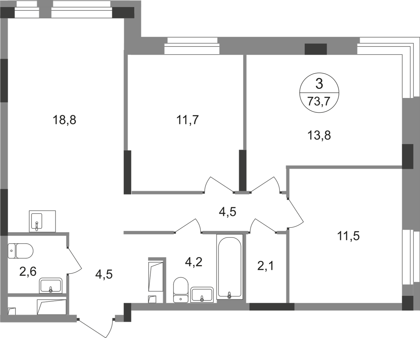 3-комнатная 73 м2 в ЖК Первый Московский корпус null этаж 14