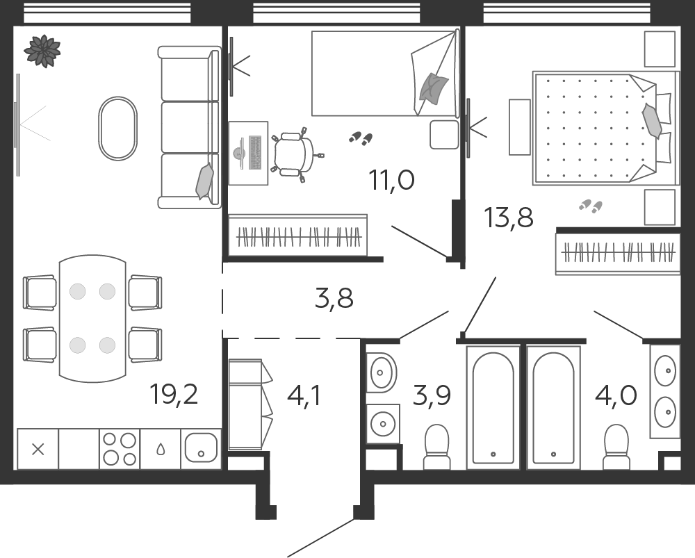 2-комнатная 59 м2 в ЖК Шагал корпус null этаж 7