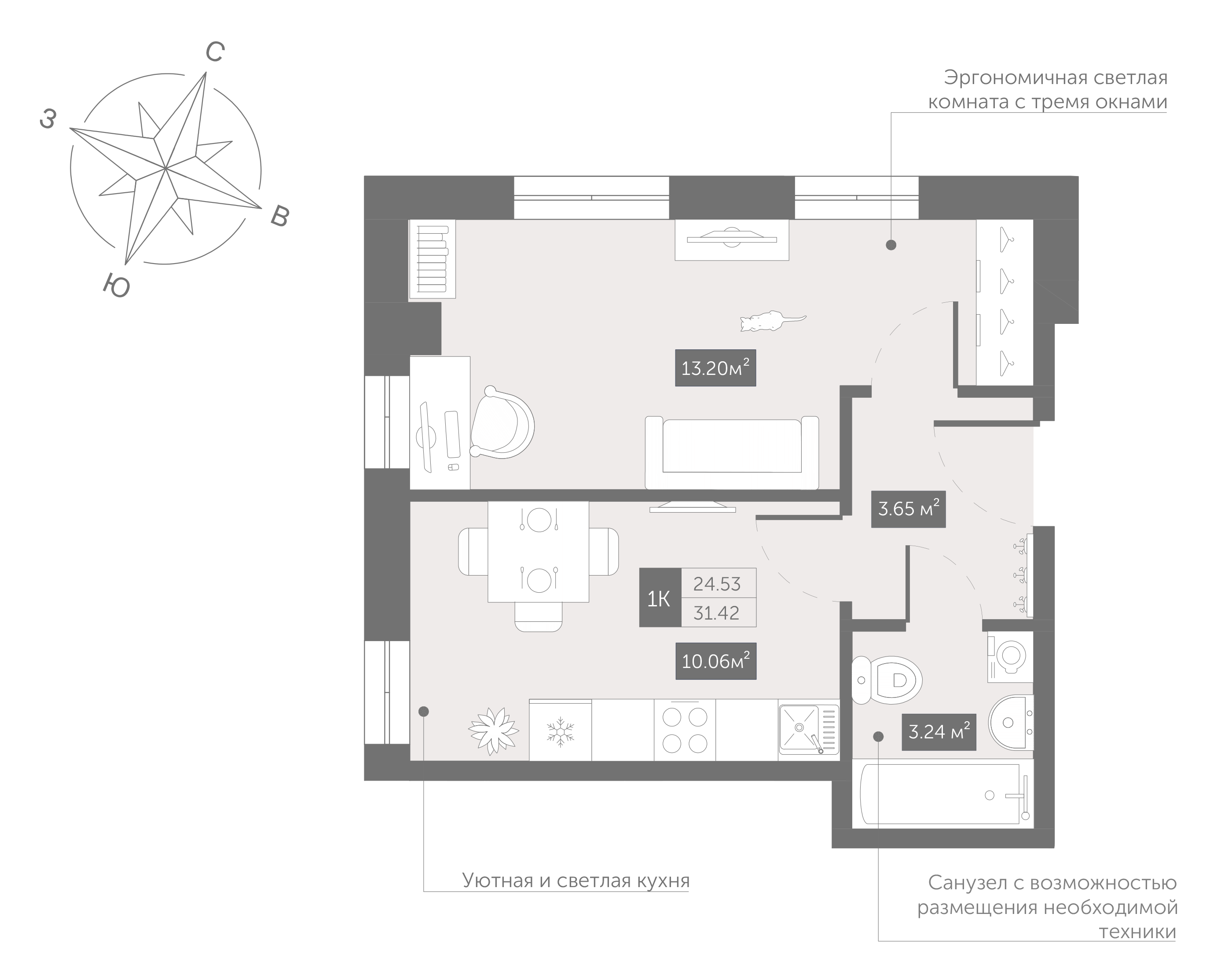 1-комнатная 30 м2 в ЖК Зум Чёрная Речка корпус null этаж 12