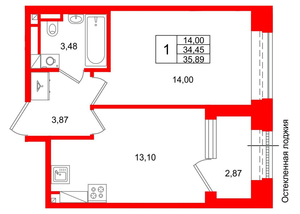 1-комнатная 34 м2 в ЖК Аристократ корпус null этаж 4