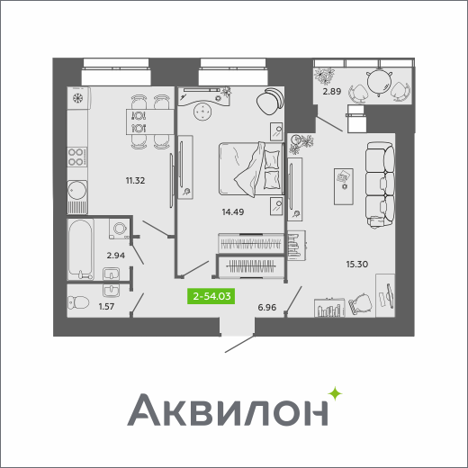 2-комнатная 54 м2 в ЖК RIVER PARK-2 корпус null этаж 5