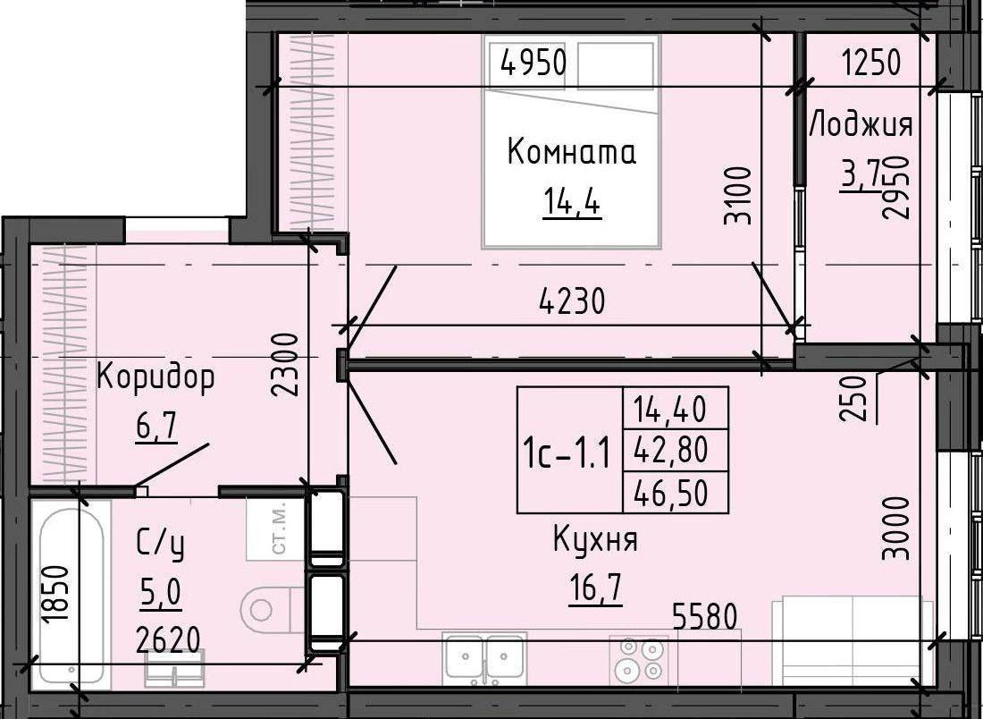 1-комнатная 42.8 м2 в ЖК undefined корпус null этаж 8