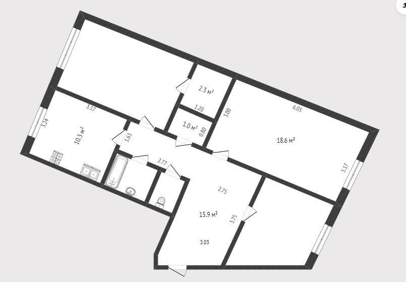 3-комнатная 74.9 м2 в ЖК undefined корпус null этаж 4