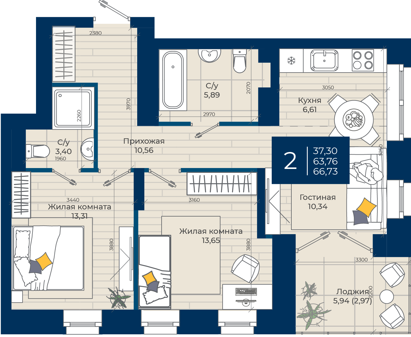 2-комнатная 66 м2 в ЖК NOVA корпус null этаж 5