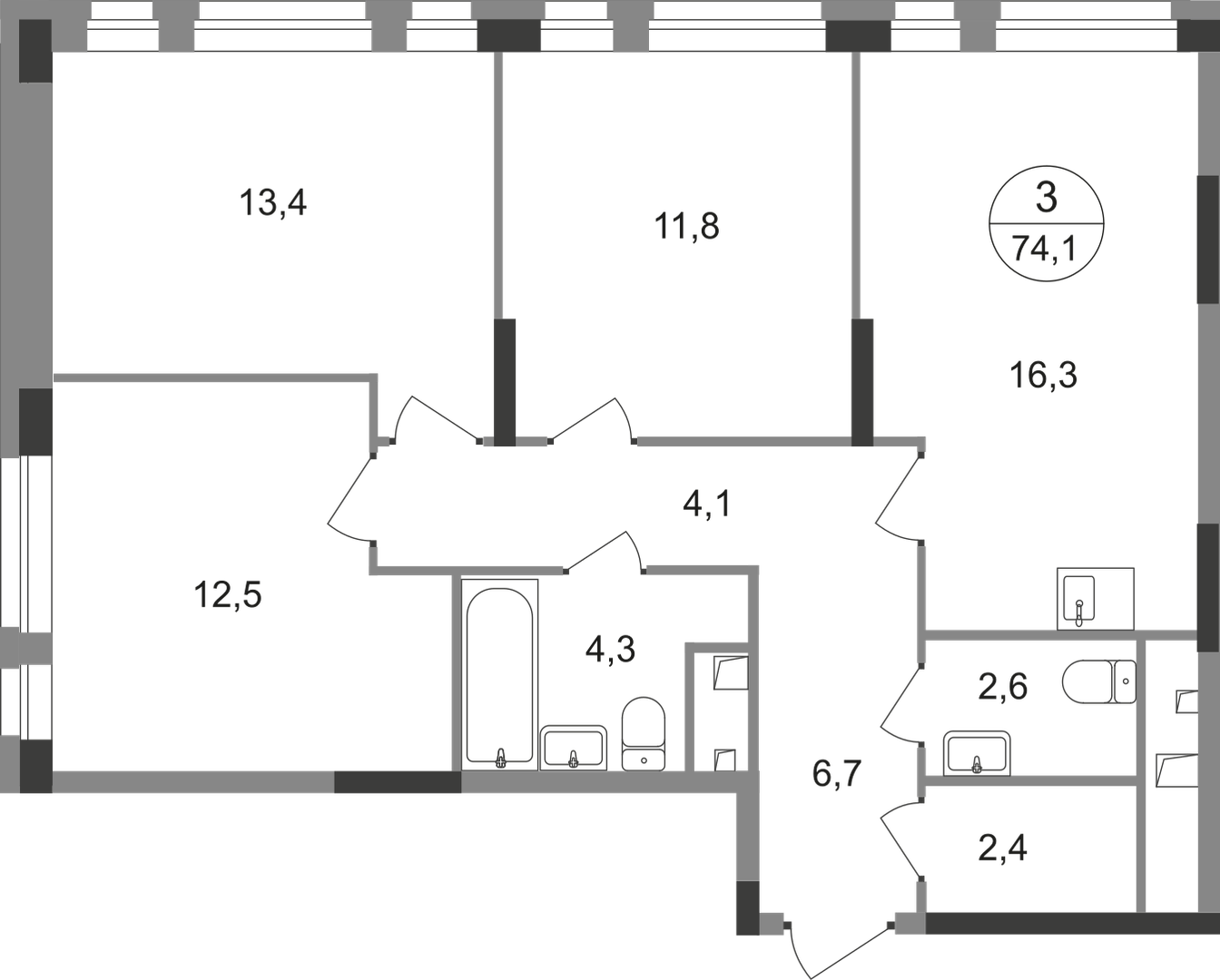 3-комнатная 74 м2 в ЖК Первый Московский корпус null этаж 3