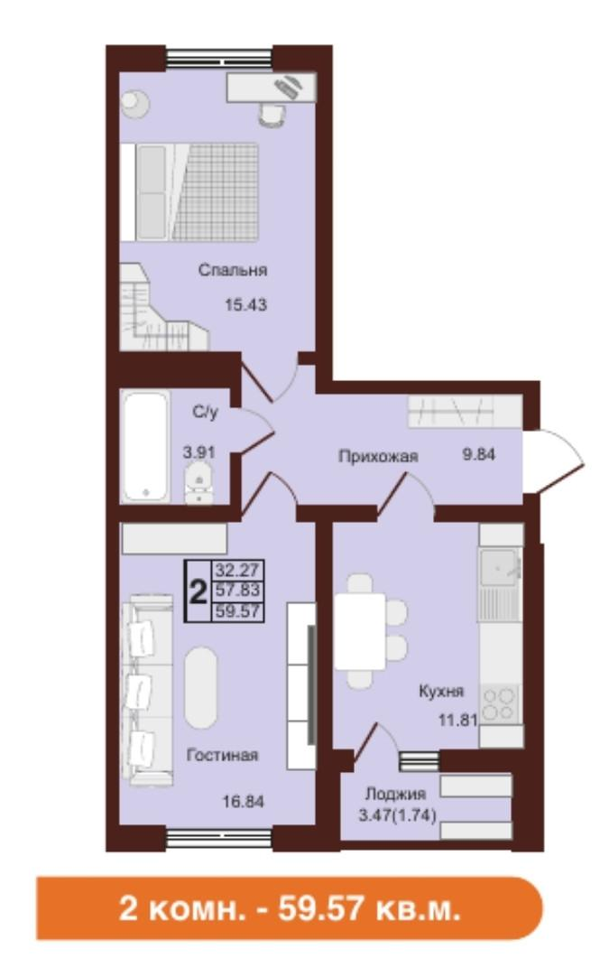 2-комнатная 59 м2 в ЖК undefined корпус null этаж 7