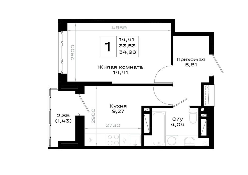 1-комнатная 34 м2 в ЖК Октябрь парк корпус null этаж 15