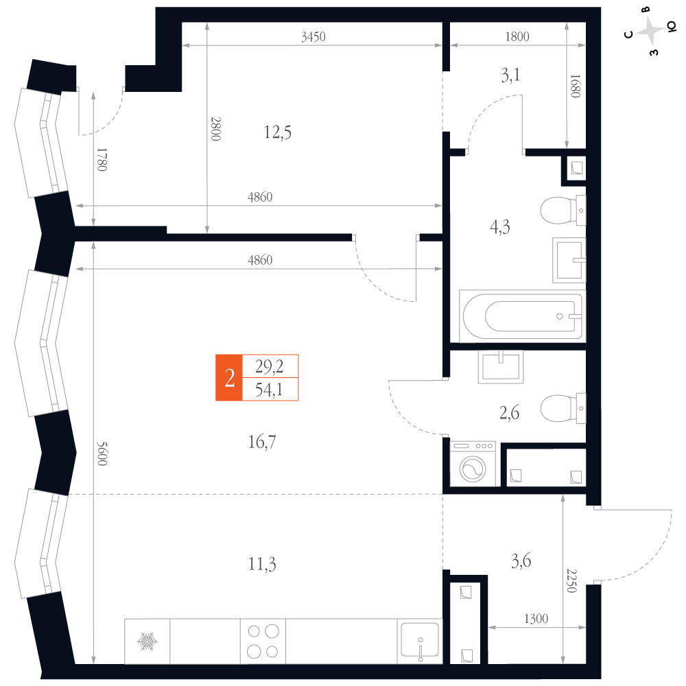 2-комнатная 54 м2 в ЖК Фордевинд корпус null этаж 4