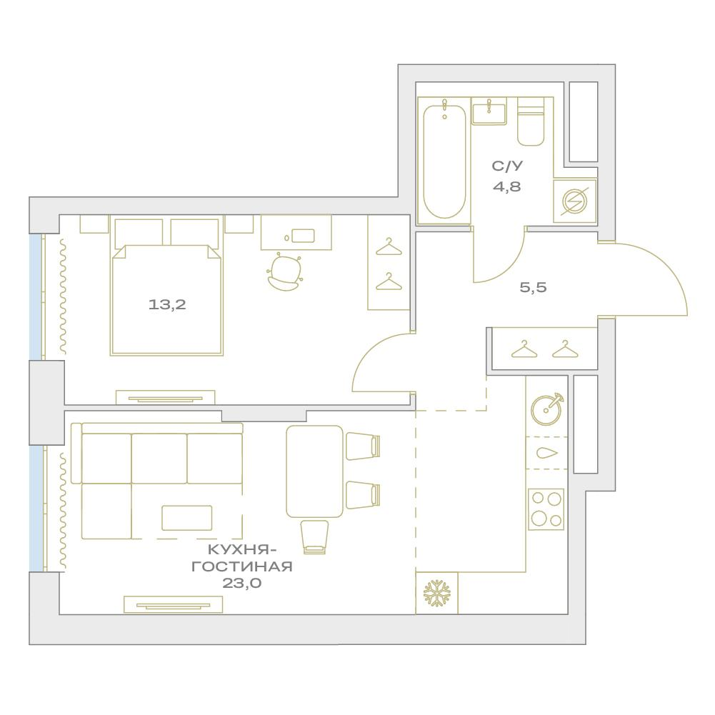 2-комнатная 46 м2 в ЖК Детали корпус null этаж 14