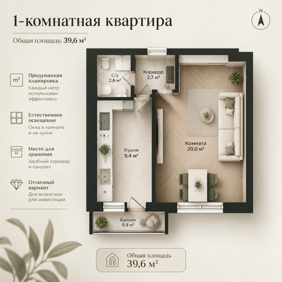 1-комнатная 36 м2 в ЖК undefined корпус null этаж 12