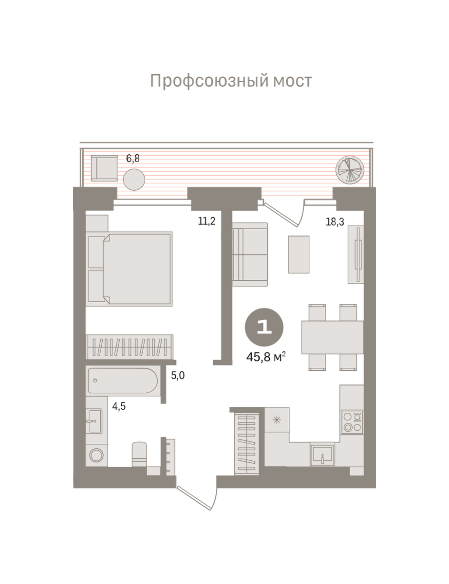 1-комнатная 45 м2 в ЖК Речной порт корпус null этаж 5