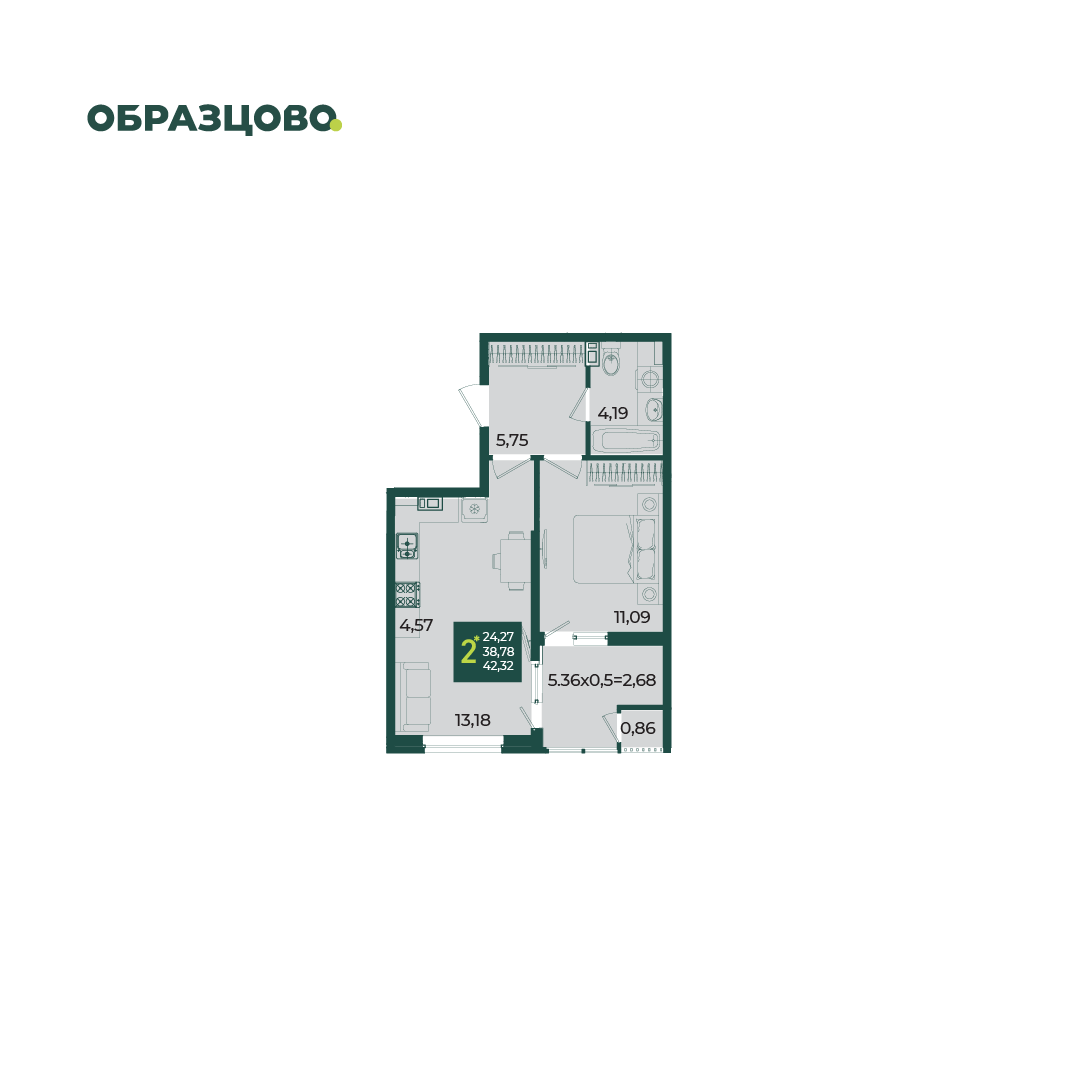 2-комнатная 42 м2 в ЖК Образцово корпус null этаж 7