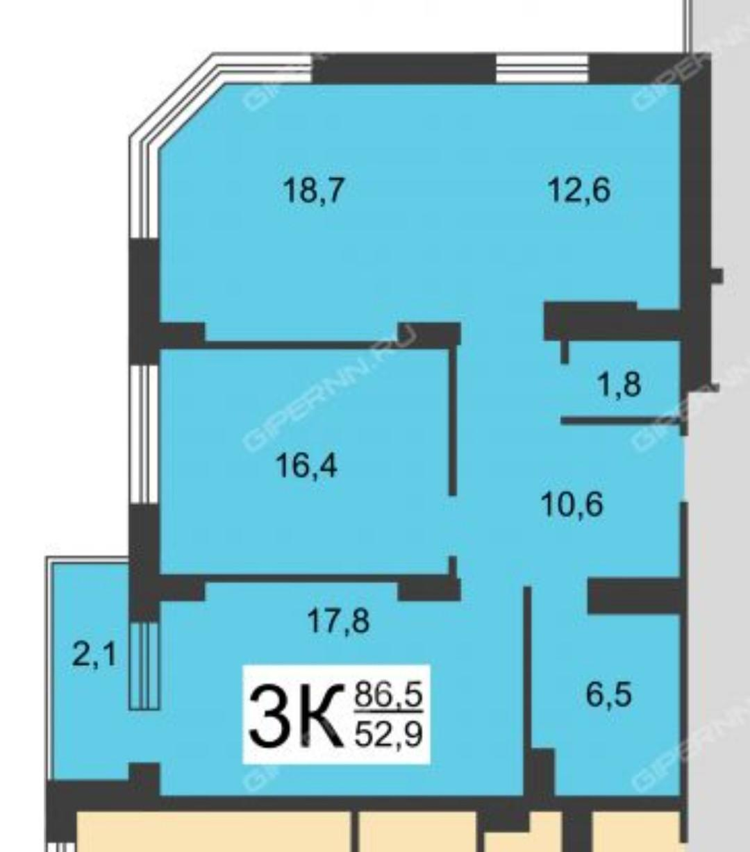 3-комнатная 86.5 м2 в ЖК undefined корпус null этаж 2