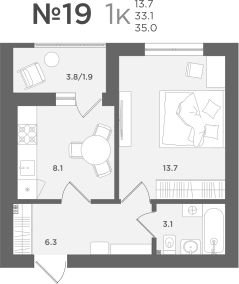1-комнатная 33 м2 в ЖК МС18 корпус null этаж 4