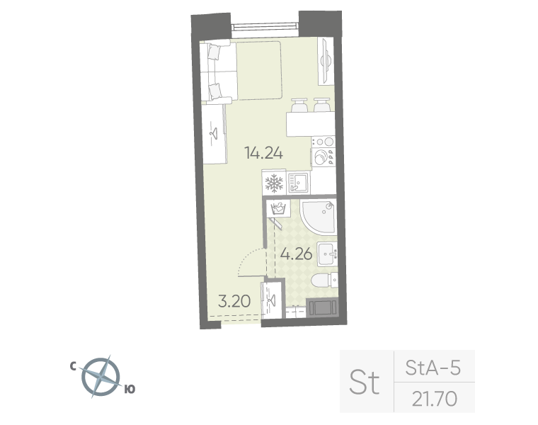 Студия 21 м2 в ЖК Бульвар Грина корпус null этаж 15