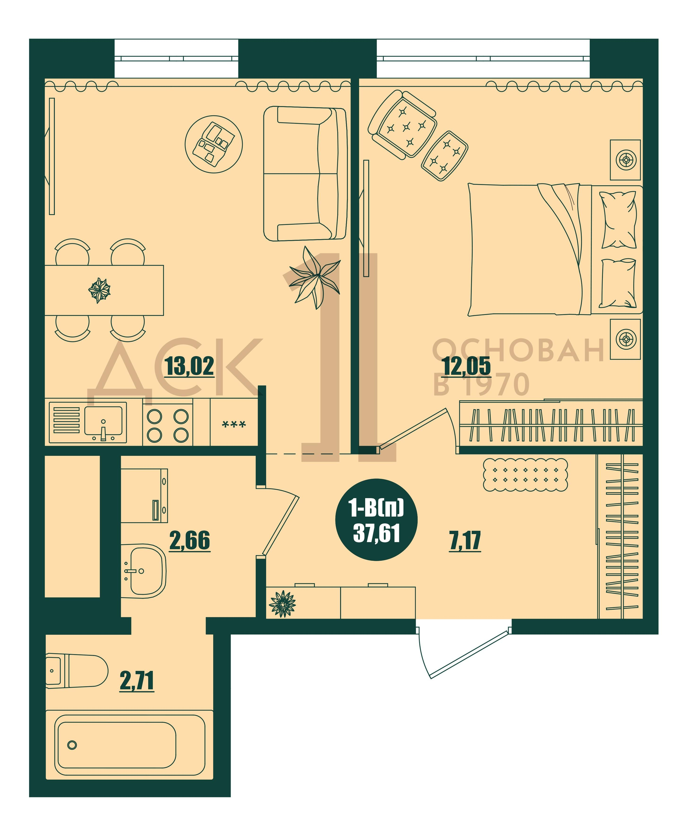 1-комнатная 37 м2 в ЖК Крылов корпус null этаж 14